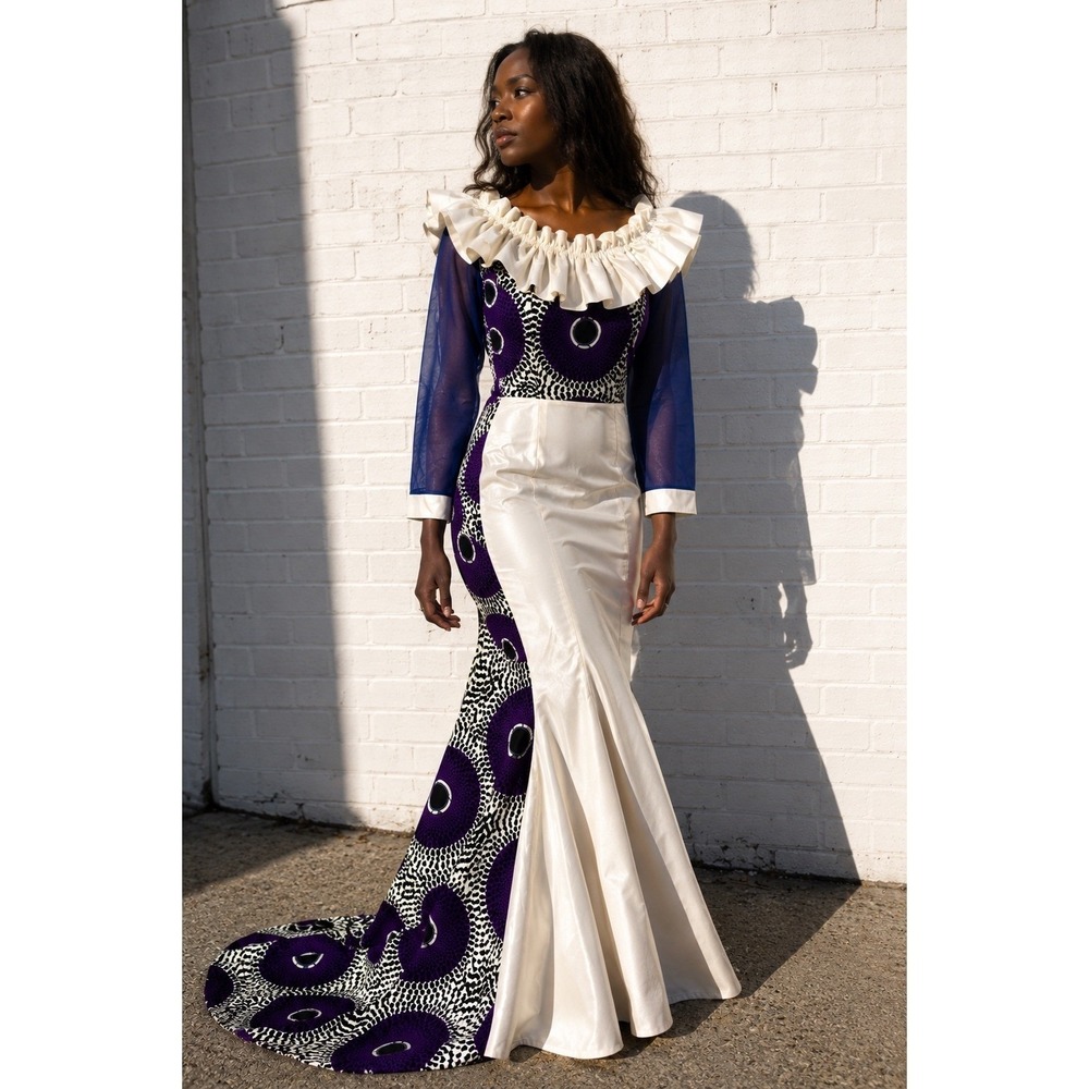 Binta Real Wax Purple Cotton Wax Print Mermaid Gown Ruffle Pearl Mesh Size‎ S